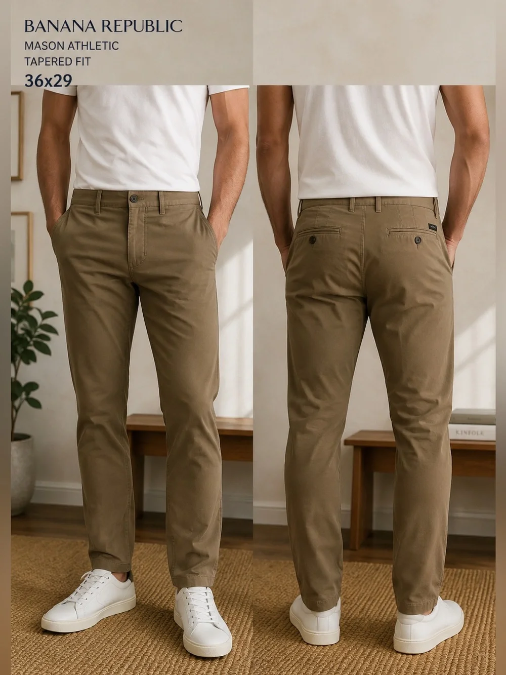 Banana Republic pants mens 36 x29Mason Athletic Tapered Fit Chinos Khaki Stretch